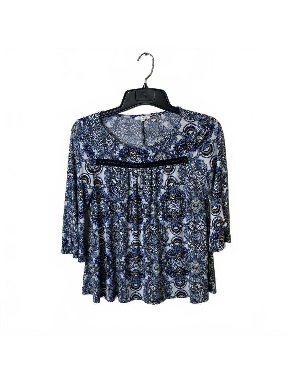 Ava James Whimsigoth Women’s Blue Black Paisley 3/4 Sleeve Boho Top Size Small
